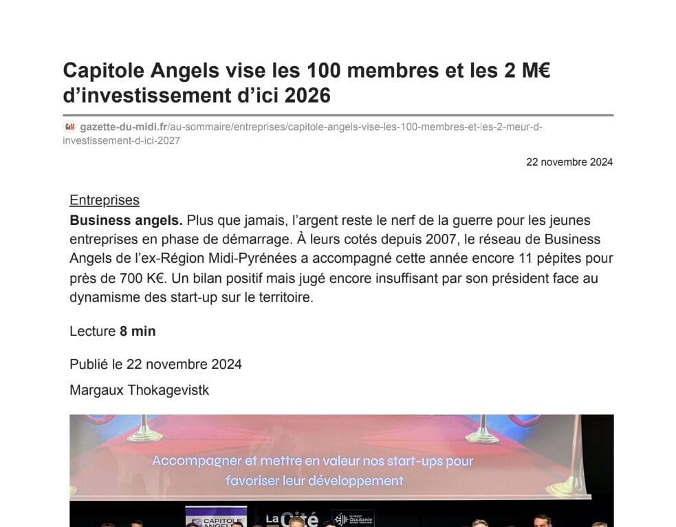 Capitole Angels vise les 100 membres et les 2 M€ d’investissement d’ici 2026